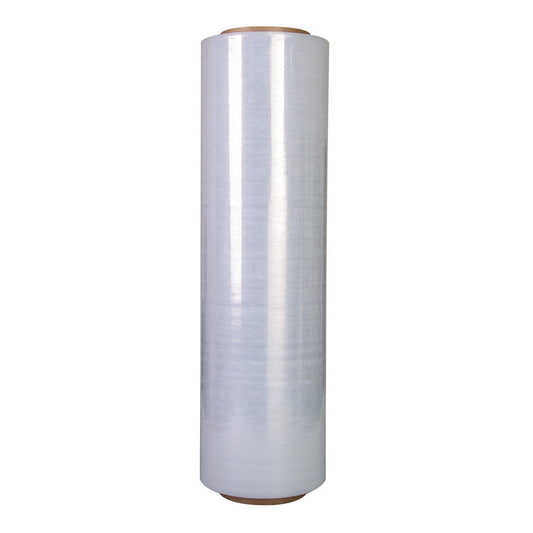 Single clear 18-inch hand stretch wrap roll on a white background